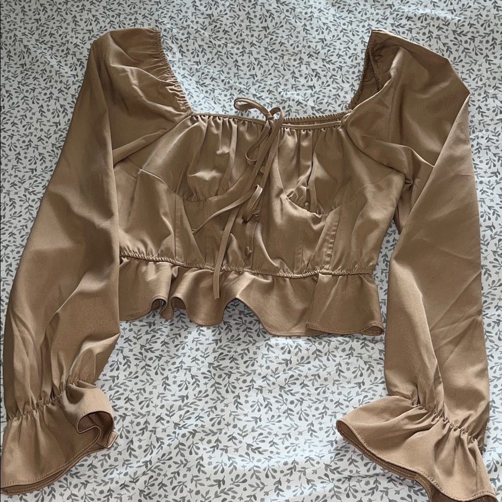 Chic Tan Women's Blouse with Ruffle Details